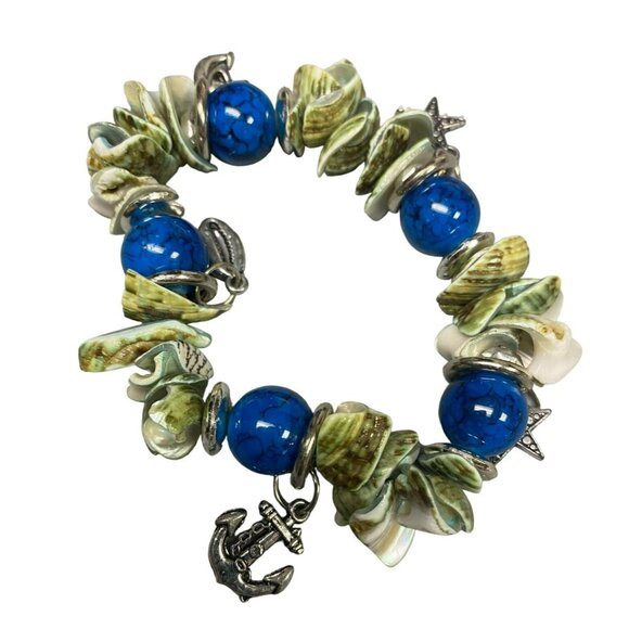 Vintage Puka Shell Ankle Bracelet and Vintage Green Shell and Blue Stone Beaded - Picture 6 of 6